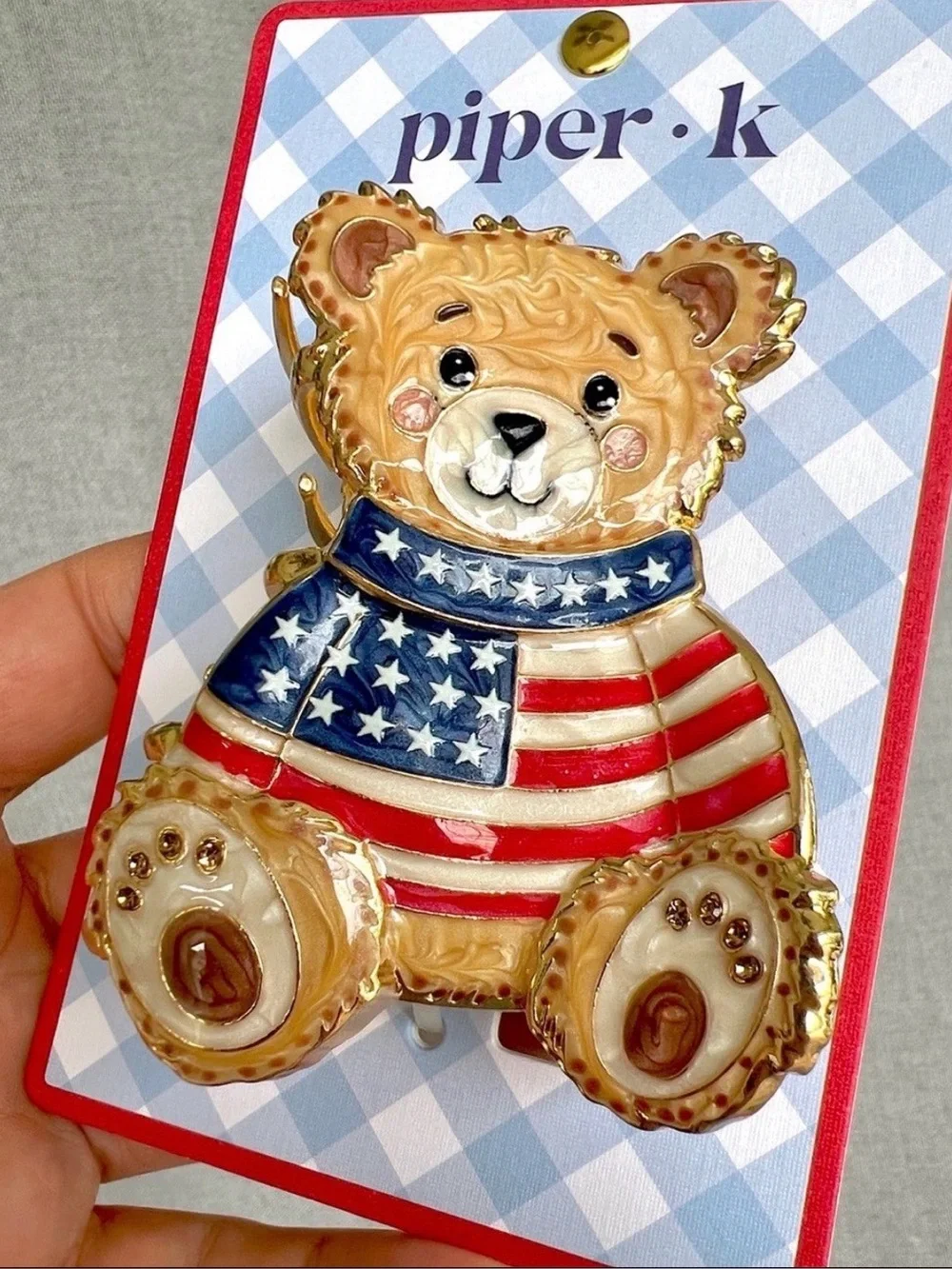 NWT Piper K Teddy Bear American Flag Patriotic Gold Metal claw jaw clip